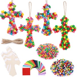 WinnerWhy 24 Sets Cross Crafts DIY Religious Wooden Cross Sticky Boards with Tissue Paper Beads Pompoms Make Your Own Cross Craft Christian Gift for Kids Sunday School Bible School Church Activities