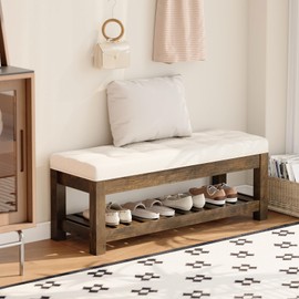 Welfuturer Large Upholstered Ottoman Bench Entryway Storage Benches Tufted Linen Ottoman Bench with Solid Wood Shelf Padded End of Bed Bench for Bedroom Living Room Hallway Decor