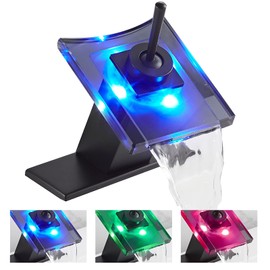 Black Sink Faucet Bathroom LED Light 3 Colors Changing Waterfall Glass Spout Hot and Cold Water Mixer Single Handle One Hole Deck Mounted Bathroom Faucet Lavatory Vanity Basin Mix Tap Commercial