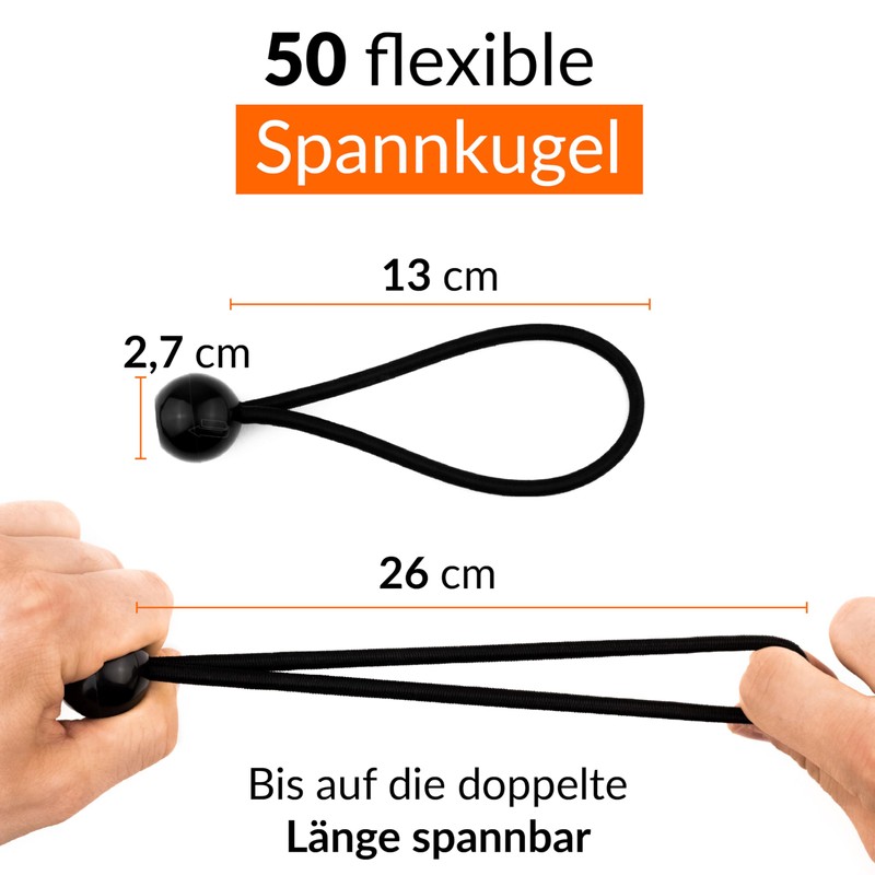 50 Bungees with Ball in Black, Expander Attachment for Tarpaulins,