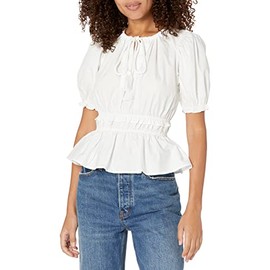 Moon River Women's Gathered Neck Shirred Ruffle TOP, Cream