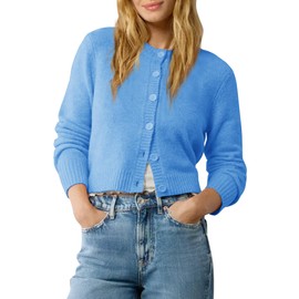 Urban CoCo Women's Crew Neck Cropped Cardigan Sweaters Long Sleeve Open Front Button Down Shrug Sweater Jackets (Sky Blue,L)