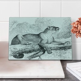 Lunarable Animal Cutting Board, Wild Savannah Puma on Tree Branch Savannah Animal Vintage Sketchy Panther Print, Decorative Tempered Glass Cutting and Serving Board, Small Size, Grey White