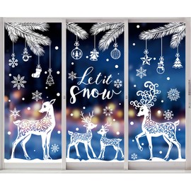 JarThenaAMCS 6 Sheet Large Winter Window Clings White Christmas Snowflake Reindeer Pine Branch Reusable Window Decals for Xmas Holiday Party Home Glass Decor