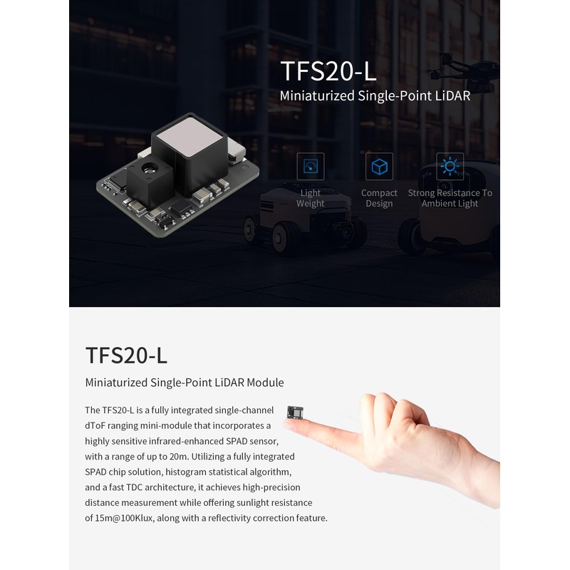 WayPonDEV TFS20-L UART IIC 20m Lidar Sensor Scanner, 20m Scanning