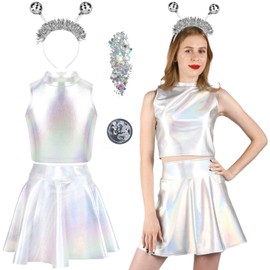 Dress Alien Costume Women's Sexy Metallic Glitter Crop Top Skirts Mini A Line with Alien Headband Silver Holographic Glitter Women's Sleeveless Space Galaxy Outfit Party Dress for Carnival