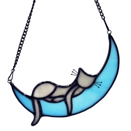 FLUFFYCAPTAIN Sleeping Cat on Moon Stained Glass Loss of Cat Memorial Gift for Cat Lovers,Handcrafted Stained Glass Cat Suncatchers Decoration,Sympathy Gifts for Pet Loss (Grey Cat)