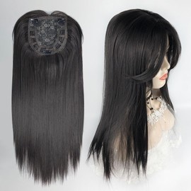 QIANCHUN Middle Part Forehead Hairline Replacement Wiglet 45cm Clip in Synthetic Topper with Bangs Seamless Hairpiece (Black Brown)