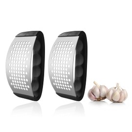 Garlic Press Rocker - Hand Garlic Mincer Tool for Smashing - Kitchen Garlic Crusher Stainless Steel - Curved Garlic Pounder with Plastic Handle, 2 Pcs