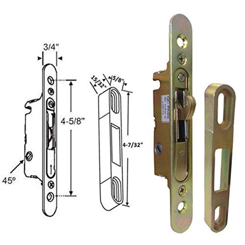 Sliding Glass Patio Door Replacement Mortise Lock, 45 Degree Keyway,