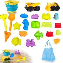 Sand Toy Set for Children, 24 Pieces Children's Sandpit Toy with Sand Moulds, Sand Toy Foldable Bucket, Toy Car, Sand Shovel, Mesh Bag for Boys Girls from 3 Years