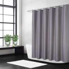 Flax linen like 240 GSM heavy stable shower curtain for bathroom with hooks, hotel luxury fabric, washable, grey, 120 x 200 cm