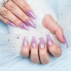 Sun&Beam Nails Handmade Press-On Medium Long Coffin Ballerina with Lavender Purple Cat Eye Design Charm Cute False Nail Tips 10 Pcs (#85 XS)