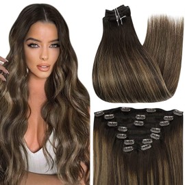 Full Shine Clip in Extensions Human Hair 20 Inch Clip in Remy Hair Extensions Color 2 Brown Fading to 8 and 22 Blonde Hair Extensions for Women Clip in 100 Gram 7 Pcs