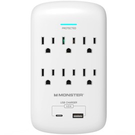 Monster Adaptador de enchufe de pared con protector contra sobretensiones, Protección resistente para puertos de CA y USB, Ideal para computadoras, electrodomésticos, blanco, 6 salidas y 2 puertos USB