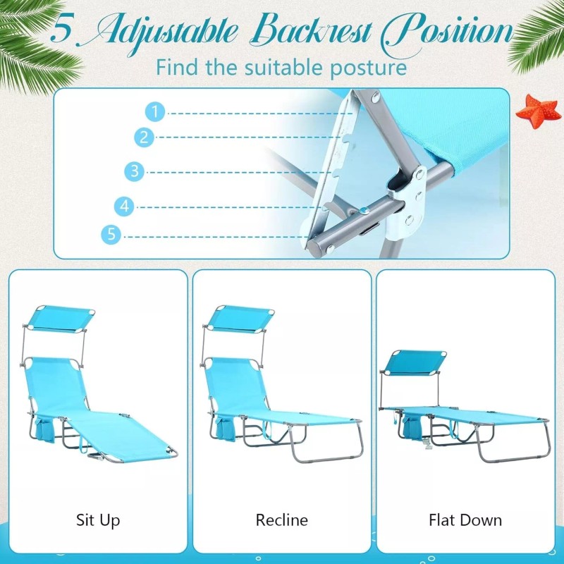 wenqik 2 Pcs Foldable Beach Lounge Chair with 360° Canopy