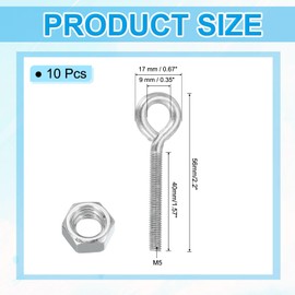 PATIKIL M5x40mm Eye Bolts, 10 Pcs Carbon Steel Threaded Eyebolt Eye Hooks Screws with Nut for Hanging or Securing Cables Silver
