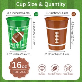Kochorie 120 Pcs Football Plastic Cups 16 oz Disposable Thick Green Brown Cocktail Drink Cup Bulk Party Supplies for Tailgate Party Favor Game Day Birthday Decoration Sports Themed Event in 2 Designs