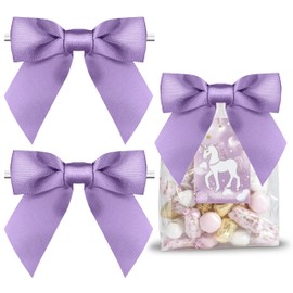 RainbowPana 50 Pack 4.5" Twist Tie Bows, Luxury Violet Satin Ribbon Pretied Bows, Premade Craft Decoration for Package