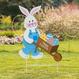 Glitzhome Easter Yard Signs Decorations Outdoor 30" H Wooden Easter Bunny Cart Yard Stakes Hanging Wall Decors Standing Decorations