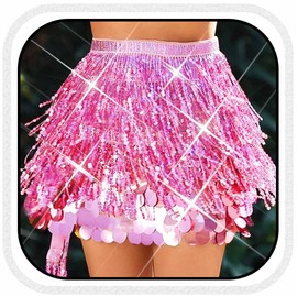 Atigy Pink Sequin Skirt Sparkling Belly Dance Skirt with Fringe Mermaid Costume Skirts for Women, pink, Unit size