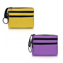FuninCrea 2 PCS Small Coin Purse with 3 Zipped Pockets and Key Ring for Women, Canvas Small Wallet Mini Change Purse Portable Card Holder Keychain Wallet Coin Pouch for Card Coin Key (Yellow+Purple)