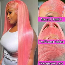 Pink Lace Front Wigs Human Hair 26 Inch Straight 13x4 HD Transparent Lace Frontal Pre Plucked with Baby Hair Wear and Go Glueless Wigs Human Hair for Black Women 180% Density Tiny Knots