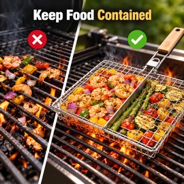 Stainless Steel Grill Basket with Removable Divider – Reusable BBQ Grilling Basket for Vegetables, Meat, Seafood & Outdoor Cooking