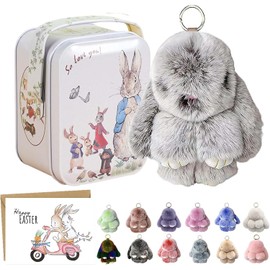Llavero de Conejito de Pascua con Caja de Lata, Llaveros de Conejo de Peluche Esponjoso para Mujeres y Niñas