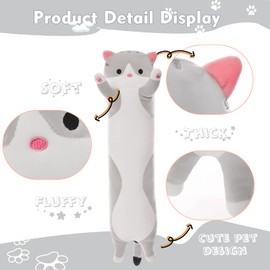 NXNYNZ Long Cat Plush Pillow, 43.3in Cute Cat Plushie Stuffed Animals Body Pillow, Grey Kawaii Kitten Soft Plushie Doll Toy Birthday Gift for Kids Girlfriend