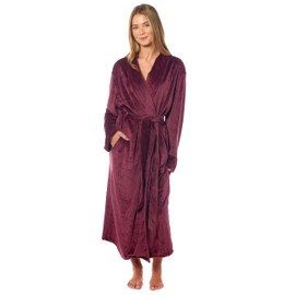 Daisy Dreamer Womens Robe Stripe Jacquard Soft Warm Belted Long Dressing Gown with Pockets Shawl Collar Ladies Everyday Gowns, Wine Small