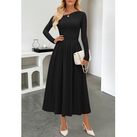 MEROKEETY Women's Fall Long Sleeve Midi Maxi Dresses 2025 One Shoulder Elegant Formal Pleated Cocktail A Line Dress, Black, Large