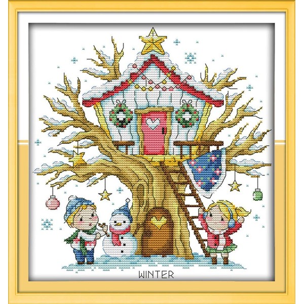 Cross Stitch Embroidery Kit Awesocrafts Tree House Winter Pattern Print