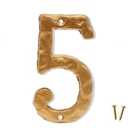 6 Inch House Numbers, Heavy Duty Rustic Cast Iron Metal Home Address Number with Unique Hammered Appearance, Golden, Number 5