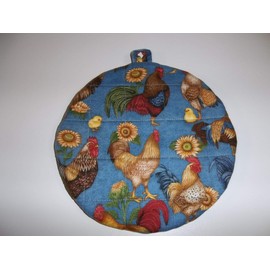 Quilted Pot Holders Hot Pads Roosters Chickens on Demim Blue Background Potholders Fabric Round Handmade Trivet Double Insulated 9 Inches Last of this Print