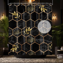 puuiui Black and Gold Shower Curtain Mustard Modern Geometric Shower Curtains for Bathroom Abstract Mens Bath Decor Sets, Waterproof Cloth Fabric with Hooks 70x72 Inch