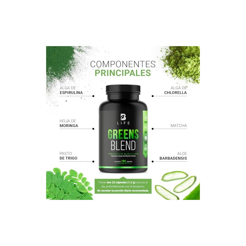 Greens Blend 180 Cápsulas Ingredientes Naturales Espirulina Moringa Weathgrass Clorela