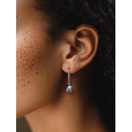 Noir Horse Big Black Pearl Drop Silver French Wire Hook Dangle Earrings - White Gold Plated 925 Sterling Silver, Cubic Zirconia Diamond and Pearl Dangle, Wedding Earrings for Brides Bridesmaids