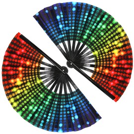 Hananona 2 Pcs Big Folding Fans Colorful Rainbow Handheld Fan, Chinese Festival Party Decoration, Summer Rave Fans Hand Folding Fans for Pride Month (Neon Light)