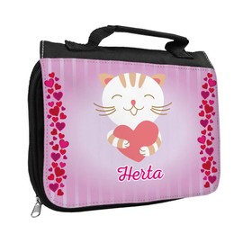 Toiletry Bag with Name Herta and Cat Motif with Hearts for Girls | Toiletry Bag with First Name | Wash Bag for Children, black