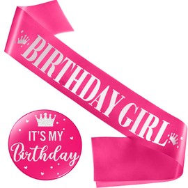 Birthday Sash for Women Birthday Girl Sash Party Decorations and It's My Button Glittery Metal Pin Its My Pin Badge for Party Decoration(Hot Pink)