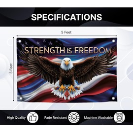 3x5 Foot American Eagle Quoted Flag "Strength is Freedom" with Four Brass Grommets - Americans Eagle Flag for 4th of July or Memorial Day - Indoor or Outdoor Man Cave Wall Banner Décor