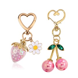 Qubusm 2Pcs Strawberry Keychain, Cherry Keyring Cute Bag Charms Purse Charms for Handbags Women Girls Accessories Decor for Purse backpack