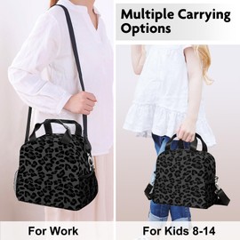 WOBAGMEN Lunch Bag for Women, Insulated Lunch Box With Adjustable Shoulder Strap, Small Reusable Tote for Girls Adults Work School (black leopard)