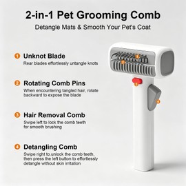 DingGreat 2-in-1 Pet Grooming Comb and Deshedding Brush, Self-Cleaning Dog Cat Hair Removal Tool for Tangles & Loose Undercoat, Dual-Use Dematting Rake with Safety Lock, Protective Cover
