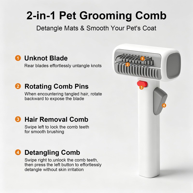 DingGreat 2-in-1 Pet Grooming Comb and Deshedding Brush, Self-Cleaning Dog
