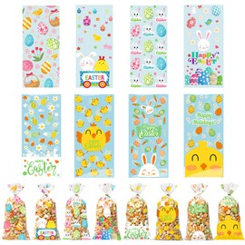 100pcs Easter Cellophane Bags,8 Styles Happy Easter Bunny Egg Chick Pattern Treat Bags,Easter Sweet Cellophane Bags with Gold Twist Ties,Easter Party Wrapping Bags for Candy Cookie