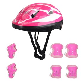 WDKXCN Kids Helmet and Pads Set, 7Pcs Kids Helmet with Knee Pads Elbow Pads Wrist, Adjustable Roller Skating Helmet Kit, Kids Protective Gear Set for Cycling Roller Scooter Skating (Pink)