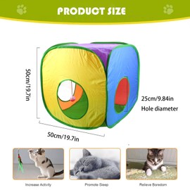 Foldable Square Colorful Cat Pop Up Tent,Pop Up Cat Cube,Multi-use Playhouse Tent Foldable Cube Breathable,Matches with Most Tubes,Built in Bell for Indoor to Hide Play and Sleep1