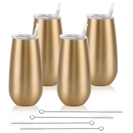 4 Pack Stemless Champagne Tumbler, Champagne Insulated Tumblers, Double Insulated Champagne Glass 6 Oz Reusable Champagne Toasting Glasses with Lid, Stemless Champagne Flute Wine Tumbler (Gold)